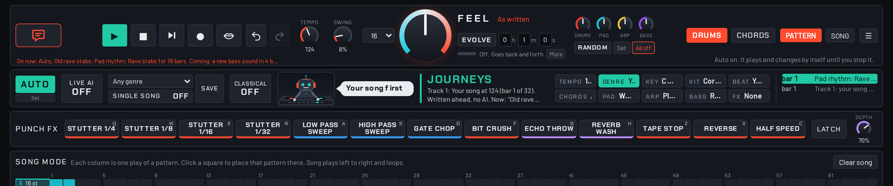The top of the groovebox on a computer: Play, Stop, the Next song arrow, Record