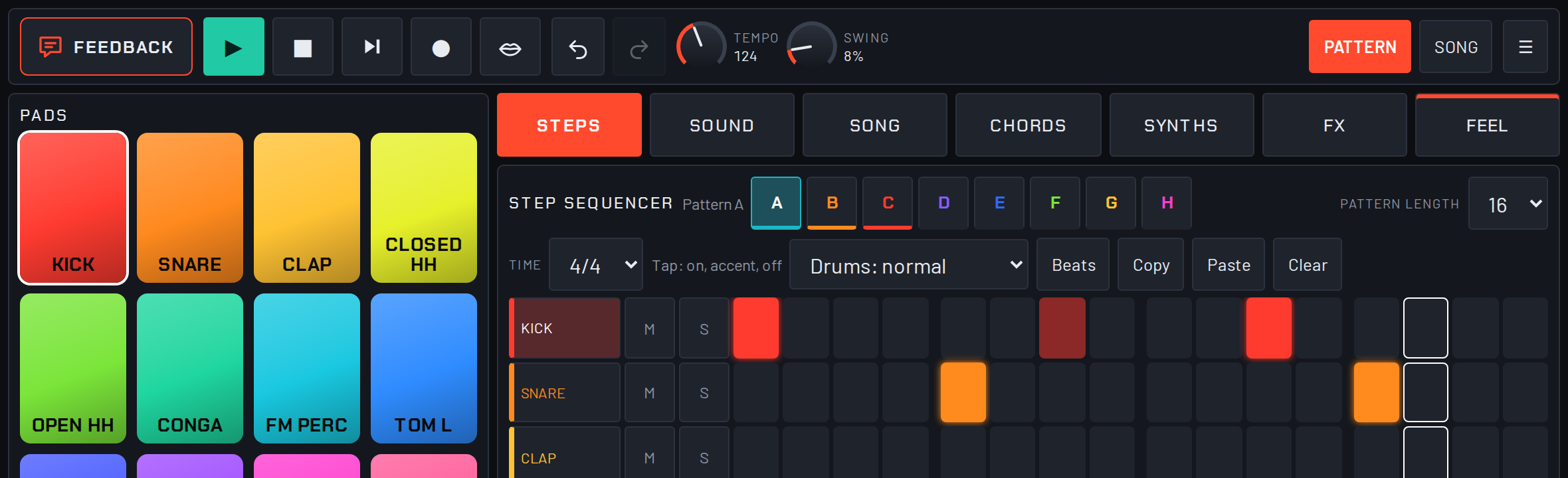 The top of the groovebox on an iPad on its side: Feedback, Play, Stop, the Next song arrow, Record