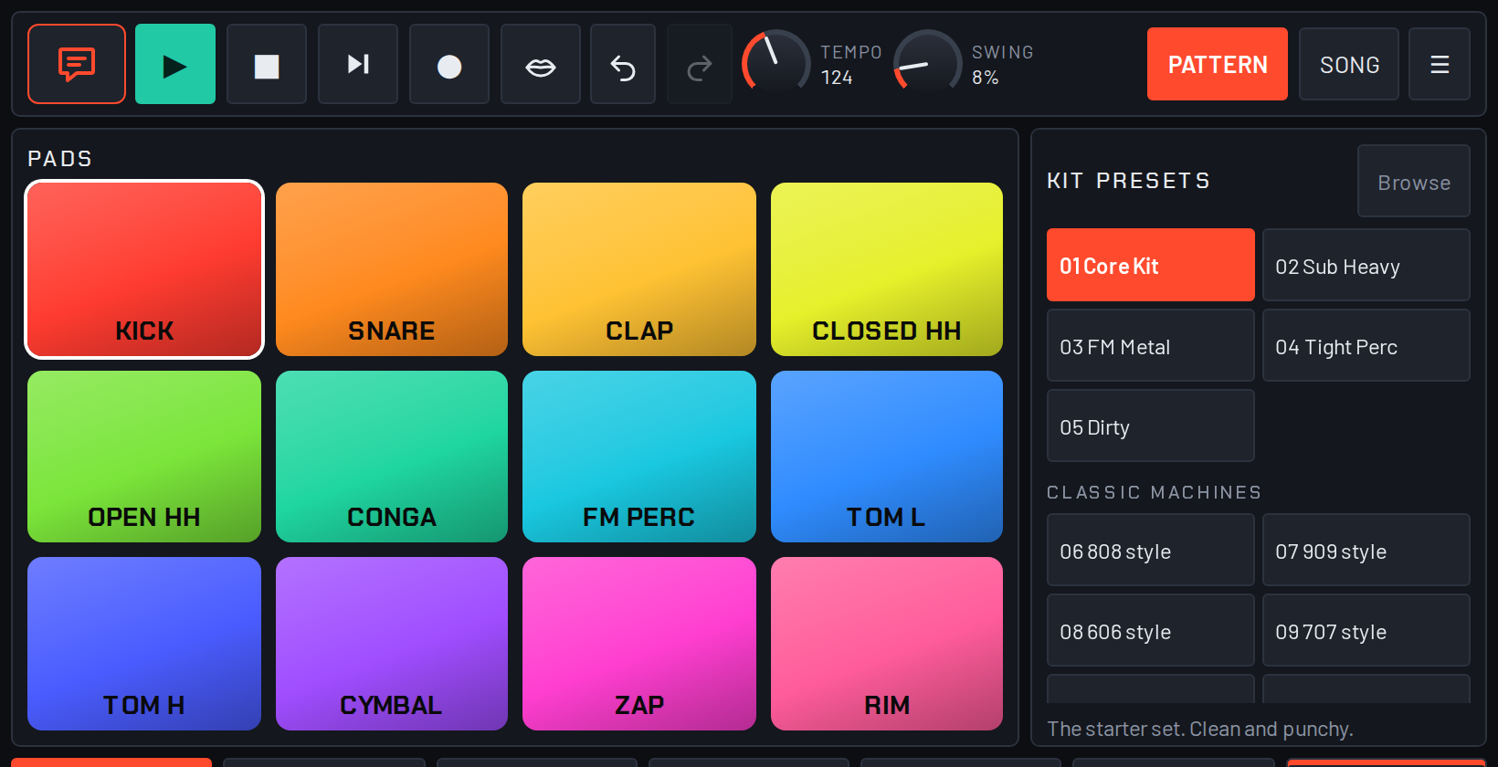 The top of the groovebox on an upright iPad: feedback bubble, Play, Stop, the Next song arrow, Record
