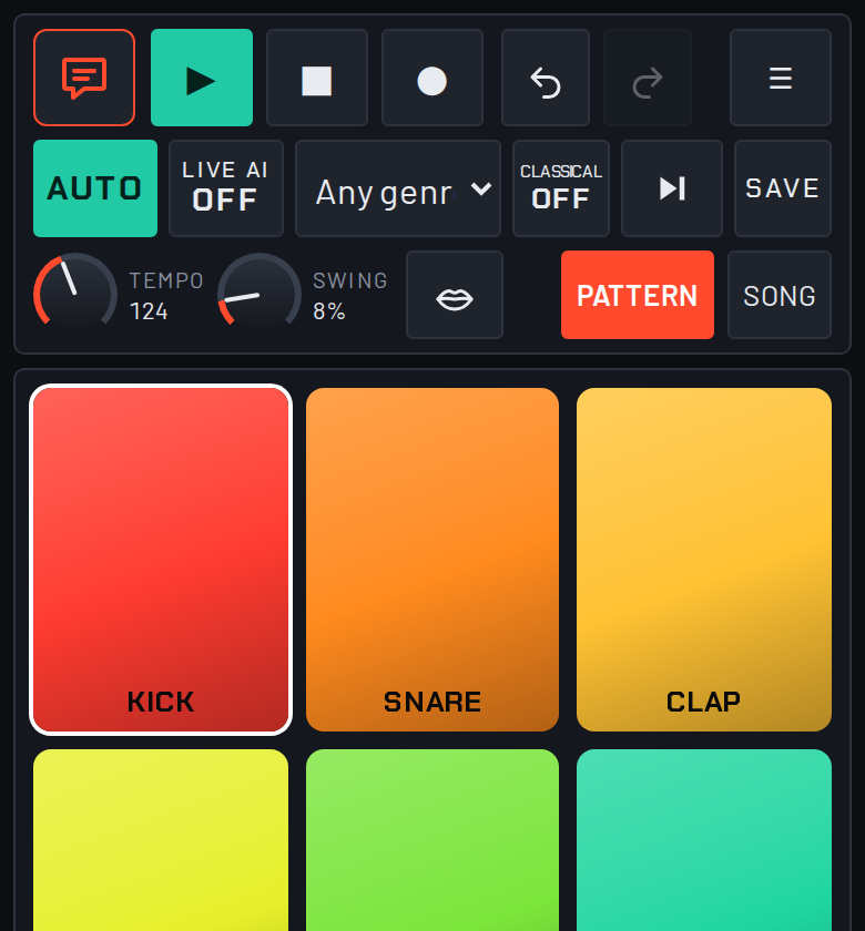 The top of the groovebox on a phone: the Next song arrow in the second row beside Save
